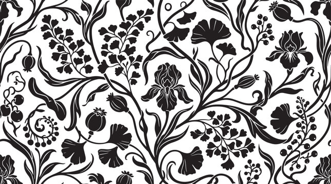 Vintage Art Nouveau floral seamless pattern, black and white botanical vector background, elegant iris and ginkgo leaf wallpaper design