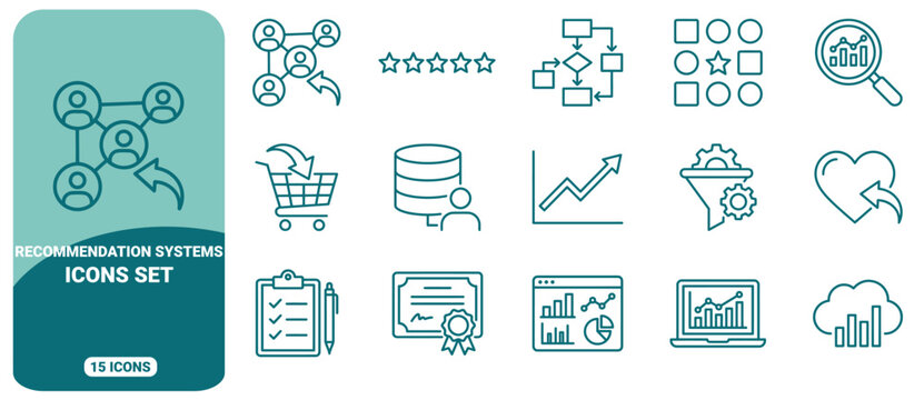 Set of 15 teal line icons representing recommendation systems, data analysis, user profiles, flowcharts, shopping carts, and business analytics