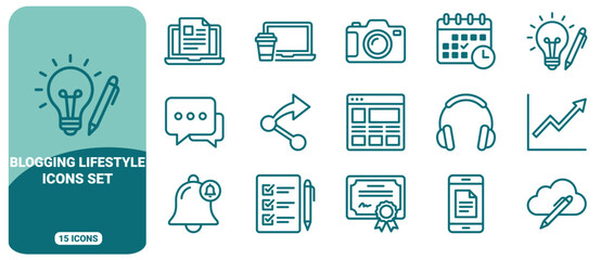 Fototapeta premium Set of 15 teal outline icons representing blogging and digital lifestyle, including laptop, camera, calendar, lightbulb, and social media symbols