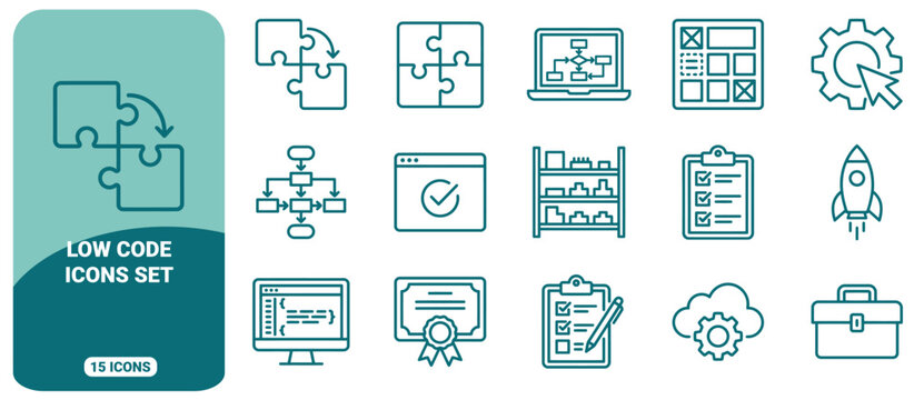 Set of 15 teal outline icons representing low code development, software engineering, workflow automation, project management, and digital tools