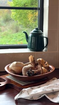 Cooking. Freshly harvested mushrooms fill a rustic wooden bowl set by a window overlooking nature. Natural cooking concept showcases seasonal ingredients.