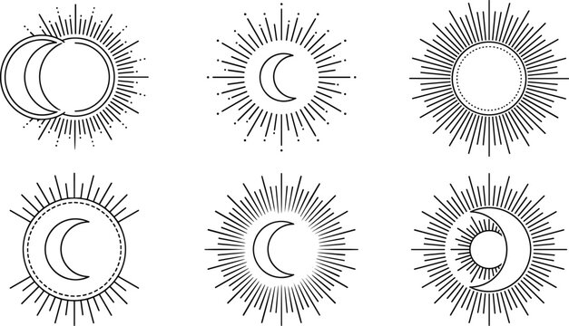 Set of minimalist celestial sun and crescent moon line art vector icons for boho astrology and mystic design