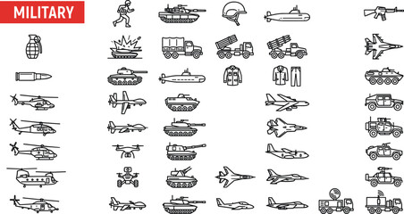Large set of black military linear icons featuring heavy tanks army helicopters fighter jets weapons and combat vehicle outlines © MdRakib