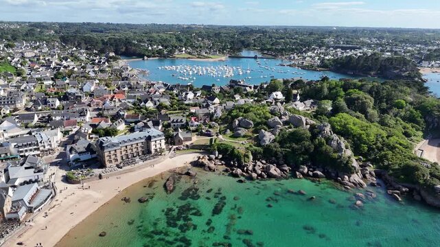 Perros Guirec seaside resort Brittany France drone aerial view