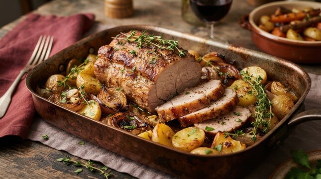Juicy roasted pork loin with potatoes and onions in a copper pan