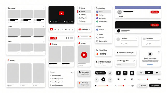 Youtube Video streaming platform UI UX interface components mockup featuring video player, thumbnails layout, channel dashboard, social media buttons, search bar, notification popups and shorts