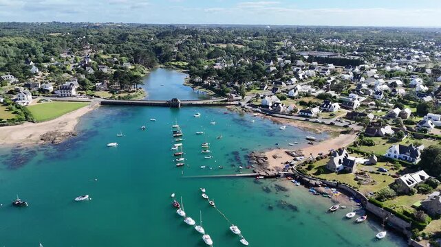 Port de Ploumanach Perros Guirec Brittany France Panning drone aerial shot