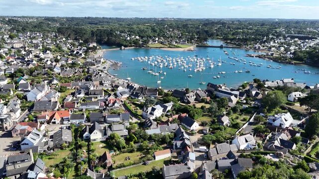 Houses and marina Perros Guirec Brittany France drone aerial view