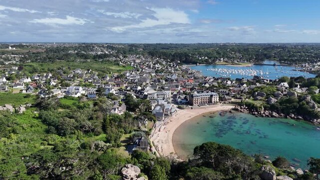 Panning drone aerial Perros Guirec seaside resort Brittany France drone