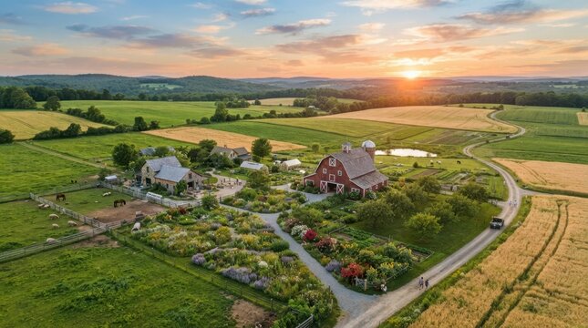 Idyllic countryside farm with red barn and blooming gardens at sunset