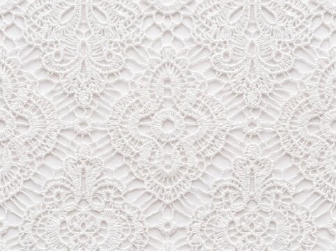 Detailed white handmade crochet lace texture close up background with ornamentation decorative ornamental pattern textile