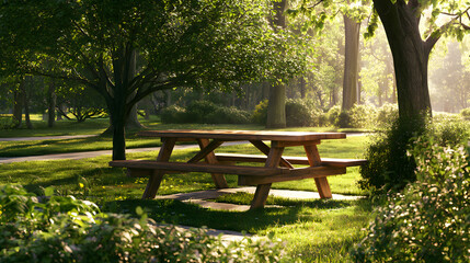 Fototapeta premium Wooden picnic table in a sunlit park surrounded by lush greenery