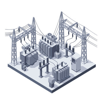 Isometric view of electrical substation with transformers and power lines.