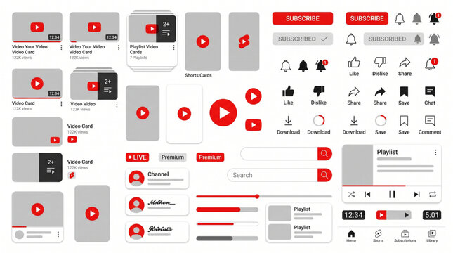 YoutubVideo streaming platform UI kit and social media interface components with subscribe buttons, notification icons, player controls, search bars, user profiles, and playlist cards in a flat style.
