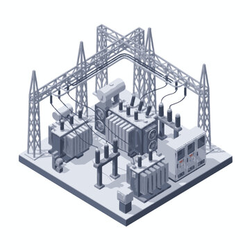 Modern electrical substation with transformers and power lines.
