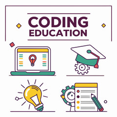 Naklejka premium Coding education concept with laptop graduation cap light bulb document icons education graduation document learning programming computer technology development software training