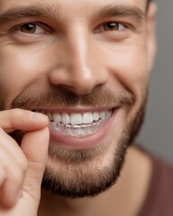 Fototapeta premium Smiling Man Holding Clear Dental Aligner Near Teeth