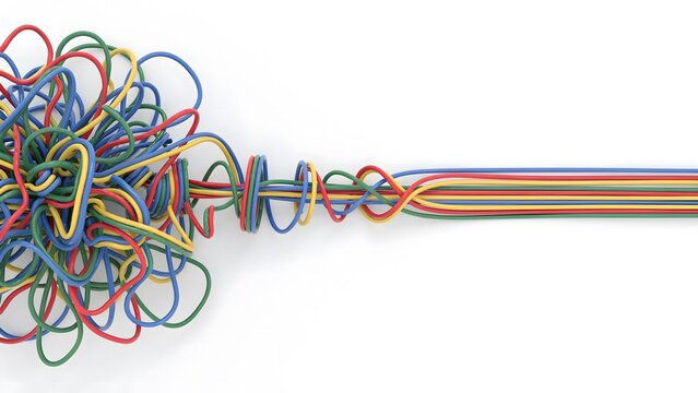 Abstract concept of chaos to order, tangled colorful wires or cables unraveling into a straight parallel line isolated on white background