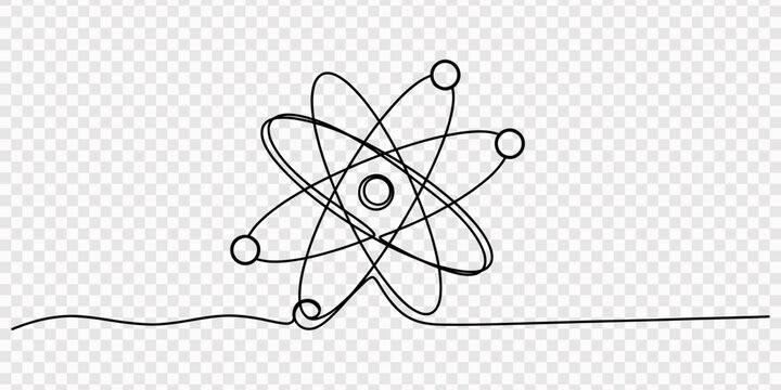 Simple line art of atomic structure with electron orbits and central nucleus. no editable stroke, Atom molecule one continuous line design. Decorative elements drawn. one line Icon drawing, One 