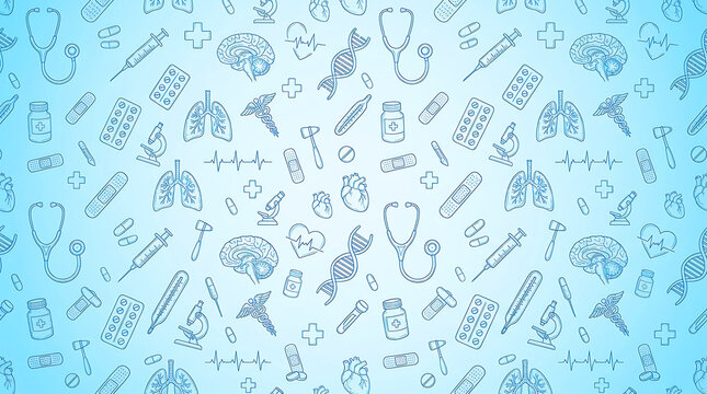 Light blue medical pattern with healthcare and symbols