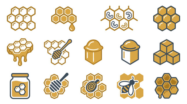 Natural honeycomb and organic honey production icon set