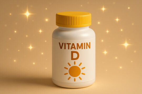 Vitamin D supplement bottle with sun icon and glowing sparkle on beige background, white pill container with yellow cap