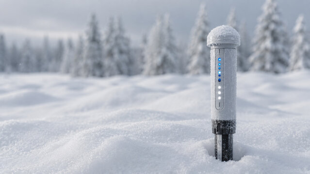 Cold winter landscape with thermometer standing upright in deep snow, frosted conifer trees visible in blurred background, overcast sky