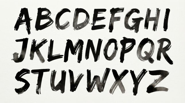 Handwritten black ink brush alphabet letters isolated on white background