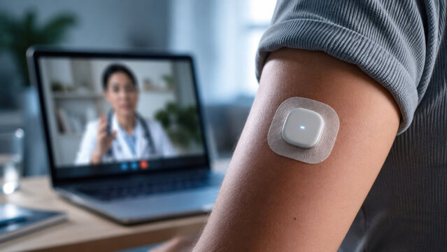 Close up of arm with smart sensor patch during telehealth video appointment on laptop, digital health monitoring concept