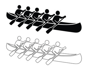 Group of Five People Paddling Canoe Silhouette and Outline Vector Graphic, Team Canoeing Rowing Boat Illustration, Water Sports Crew Silhouette © Pixelly