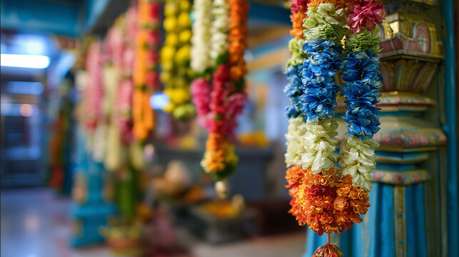 Vibrant Floral Garland Decorations Adorning The Interior Pillars During The Traditional Vaikasi Visakam Procession Rituals