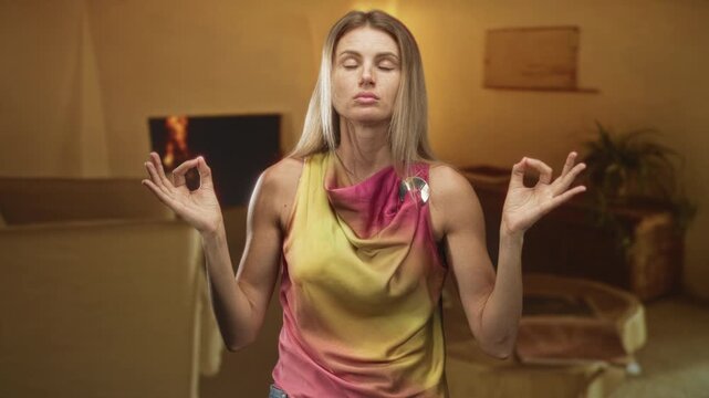 Woman meditating with hands in mudra beside a sofa in a building, wearing colorful sleeveless top and brooch, eyes closed and relaxed; mindfulness calm.