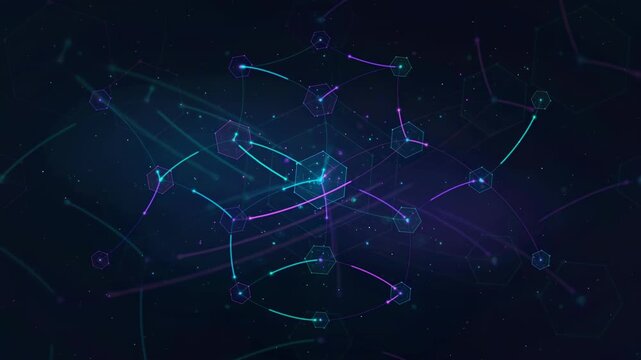 Abstract digital network connection with glowing blue and purple lines and geometric nodes on dark background