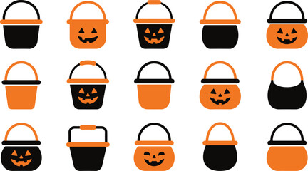 Set of various halloween candy bucket designs featuring orange and black plastic pails with spooky jack o lantern faces © vector