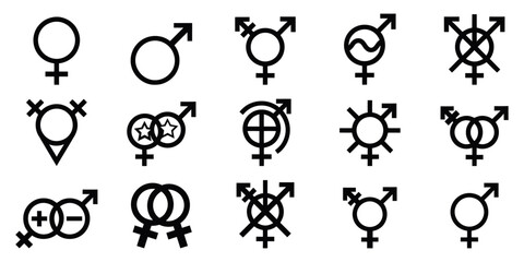 Gender Identity Line Icon Set Featuring Male Female Transgender Non Binary and Pride Symbols Vector Illustration © Graphics