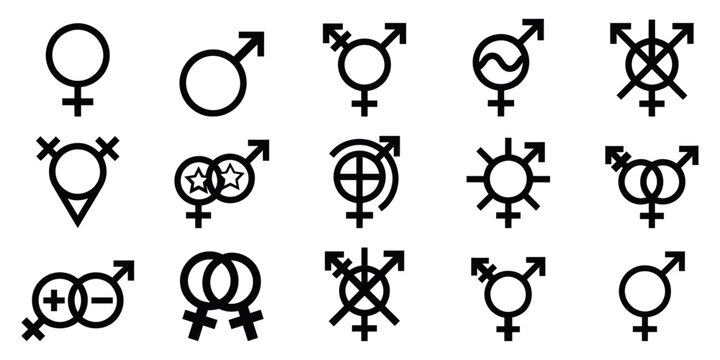 Gender Identity Line Icon Set Featuring Male Female Transgender Non Binary and Pride Symbols Vector Illustration