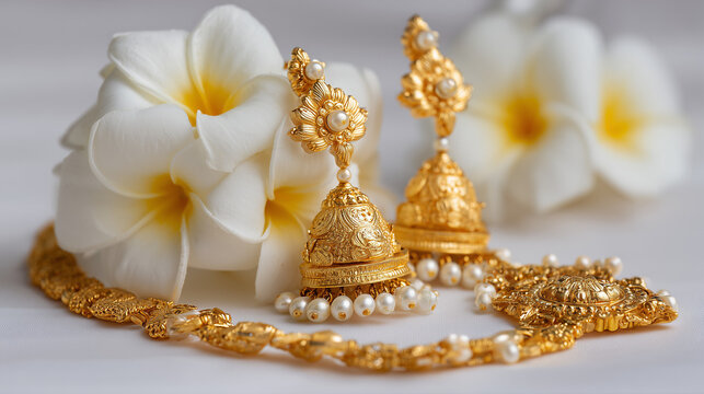 Traditional Gold Jewelry for Vaikasi Visakam Procession Celebration with Fragrant White Plumeria Flowers for Elegant Festive Attire