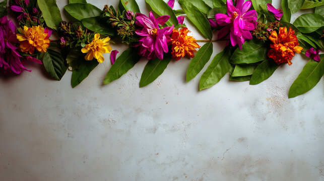 Floral decoration for Vaikasi Visakam Procession featuring vibrant marigolds and magenta blooms arranged on a rustic white textured surface