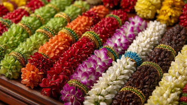 Vibrant Floral Garlands Prepared for a Traditional Vaikasi Visakam Procession Celebration