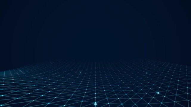 Digital Network Grid An abstract digital network of interconnected glowing nodes forms a futuristic grid stretching into the darkness, symbolizing data flow and connectivity.