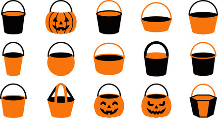 Collection of various halloween candy bucket designs featuring orange and black plastic pails for trick or treat activities © vector