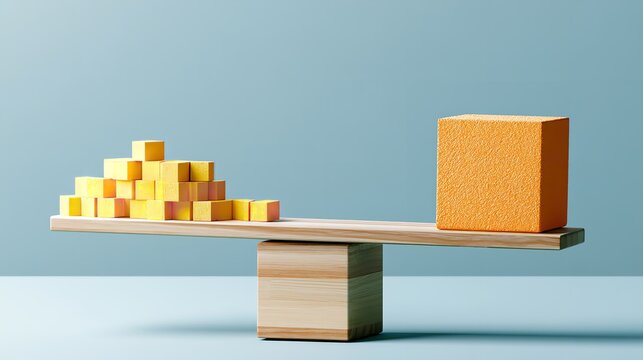 Unbalanced seesaw with a pile of yellow cubes and one large orange cube