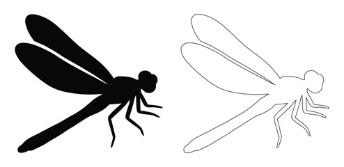 Dragonfly Silhouette and Outline Vector Graphic, Damselfly Flying Insect Illustration, Winged Bug Side Profile Artwork © Pixelly