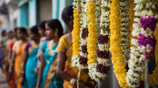 Devotees participate in a vibrant Vaikasi Visakam Procession adorned with traditional flower garlands in a spiritual street gathering