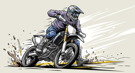 Dynamic vector illustration of a motocross rider performing a high-altitude jump on a dirt bike, featuring stylistic action lines and high contrast gear for extreme sports design. © ferry