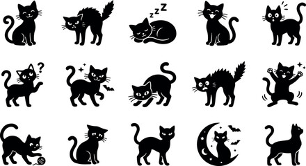 Naklejka premium Halloween black cat silhouette bundle set collection on white background featuring various playful and spooky feline poses for design
