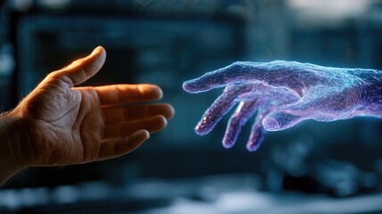Fototapeta premium Human Hand Reaching Towards Futuristic Digital Energy Hand.