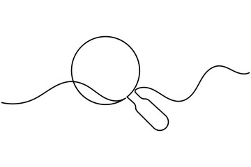 Obraz premium Magnifying glass continuous one line art featuring a minimalist search icon created with a single flowing line. Clean modern outline vector illustration with a minimal style.