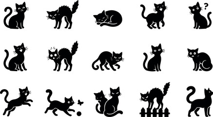 Obraz premium Halloween black cat silhouette bundle set collection on white background featuring various feline poses for spooky holiday graphic design