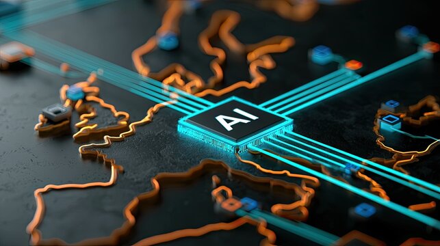 Futuristic AI Chip Illuminates Digital Network Connections.